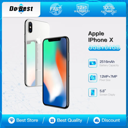 Original iPhone X 4G LTE CellPhone Unlocked 64GB/256GB ROM 5.8" A11 Bionic Chip Hexa Core FACE ID Apple IOS Mobile Phone