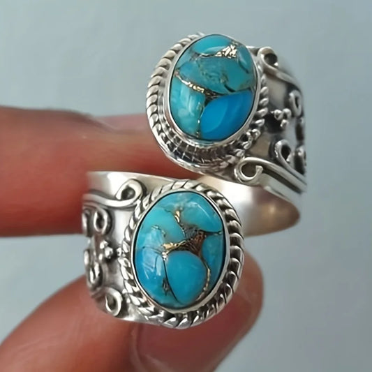 Vintage Wrap Ring Silver Plated Delicate Carving On The Surface Inlaid Turquoise Boho Style Jewelry Match Daily Outfits