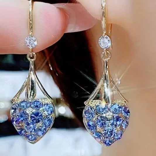 Fashionable Blue Crystal Flower Pendant Earrings Suitable for Women Shining Zircon Love Droplet Earrings Wedding Luxury Jewelry