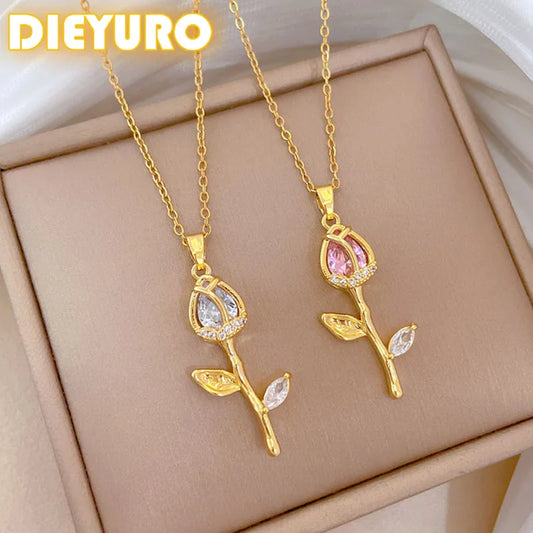 DIEYURO 316L Stainless Steel Fashion Pink White Crystal Rose Blossoms Pendant Necklace For Women New Clavicle Chain Jewelry Gift